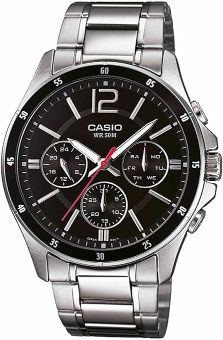 Casio Men's Watch - MTP-1374D-1AVDF Black Dial, Silver Band